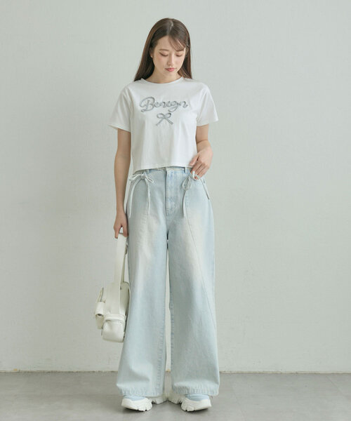 OLIVE des OLIVE／切り替えリボンデニムパンツ Sサイズ OLIVE des OLIVE（オリーブデオリーブ）の「切り替えリボン