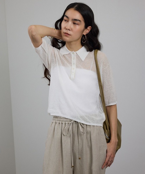 SALON adam et rope'（サロン アダム エ ロペ）の「シアークレープクロップドポロシャツ（ポロシャツ・レディース・ブラウン/オフホワイト・FREE）」の5枚目の写真