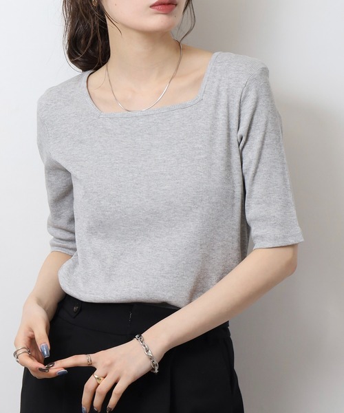 セール】スクエアネック5分袖コットンリブTシャツ（Tシャツ/カットソー