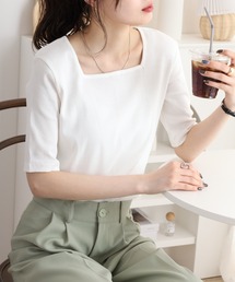 スクエアネック5分袖コットンリブTシャツ