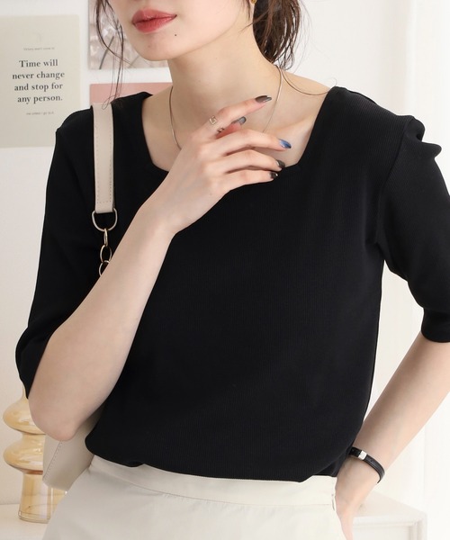 atONE（アットワン）の「スクエアネック5分袖コットンリブTシャツ（Tシャツ/カットソー・レディース・杢グレー/オフホワイト/ブラック・M/L/3L/4L/LL）」の3枚目の写真