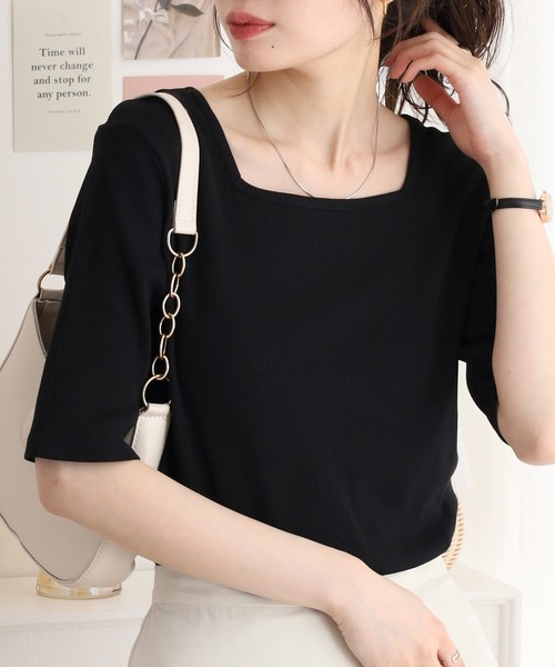 atONE（アットワン）の「スクエアネック5分袖コットンリブTシャツ（Tシャツ/カットソー・レディース・杢グレー/オフホワイト/ブラック・M/L/3L/4L/LL）」の9枚目の写真