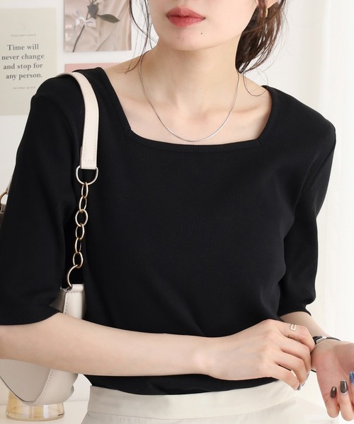 atONE（アットワン）の「スクエアネック5分袖コットンリブTシャツ（Tシャツ/カットソー・レディース・杢グレー/オフホワイト/ブラック・M/L/3L/4L/LL）」の10枚目の写真