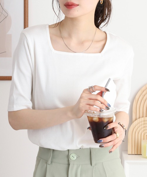 atONE（アットワン）の「スクエアネック5分袖コットンリブTシャツ（Tシャツ/カットソー・レディース・杢グレー/オフホワイト/ブラック・M/L/3L/4L/LL）」の5枚目の写真