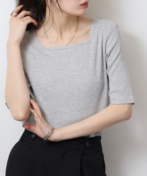 atONE（アットワン）の「スクエアネック5分袖コットンリブTシャツ（Tシャツ/カットソー・レディース・杢グレー/オフホワイト/ブラック・M/L/3L/4L/LL）」の12枚目の写真