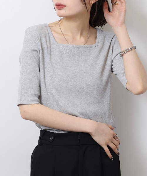 atONE（アットワン）の「スクエアネック5分袖コットンリブTシャツ（Tシャツ/カットソー・レディース・杢グレー/オフホワイト/ブラック・M/L/3L/4L/LL）」の13枚目の写真