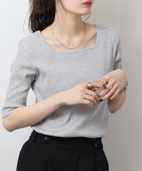 atONE（アットワン）の「スクエアネック5分袖コットンリブTシャツ（Tシャツ/カットソー・レディース・杢グレー/オフホワイト/ブラック・M/L/3L/4L/LL）」の14枚目の写真
