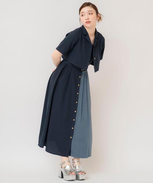 バイカラーアシメプリーツシャツワンピース（ワンピース