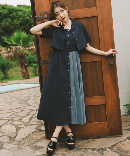 バイカラーアシメプリーツシャツワンピース（ワンピース