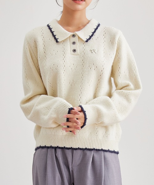 Lace Ladies(レースレディース)の「針抜き 刺繍 ポロ ニット プルオーバー(ニット/セーター・レディース・グレー/アイボリー・FREE)」の2枚目の写真