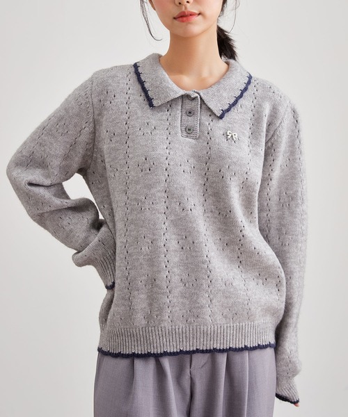 Lace Ladies(レースレディース)の「針抜き 刺繍 ポロ ニット プルオーバー(ニット/セーター・レディース・グレー/アイボリー・FREE)」の4枚目の写真