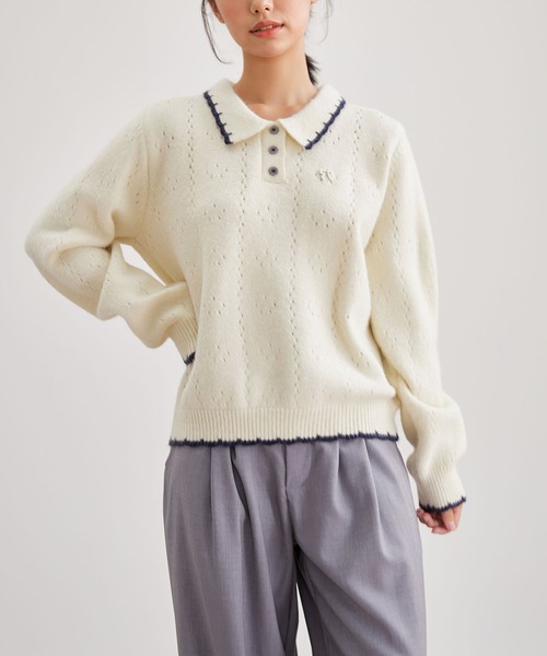 Lace Ladies(レースレディース)の「針抜き 刺繍 ポロ ニット プルオーバー(ニット/セーター・レディース・グレー/アイボリー・FREE)」の12枚目の写真