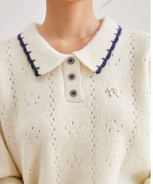 Lace Ladies(レースレディース)の「針抜き 刺繍 ポロ ニット プルオーバー(ニット/セーター・レディース・グレー/アイボリー・FREE)」の17枚目の写真