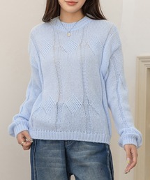ネック ケーブル編み ニット ラウンド」に該当するブルー・ネイビー