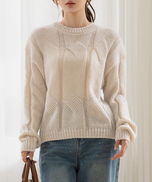 セール】程よい透かし編み。長袖やわらかモヘアタッチケーブルニット