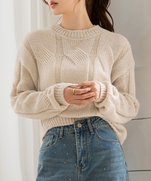 セール】程よい透かし編み。長袖やわらかモヘアタッチケーブルニット