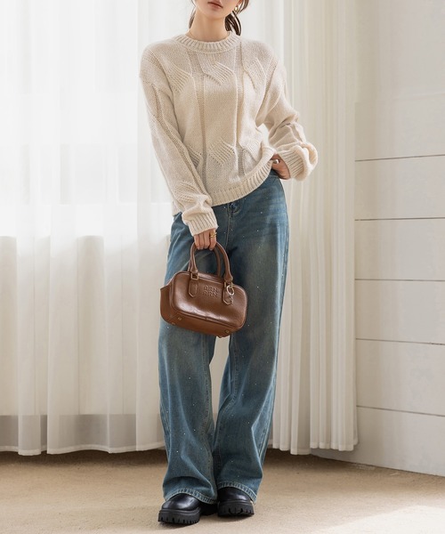 DAY CLOSET(デイ クローゼット)の「程よい透かし編み。長袖やわらかモヘアタッチケーブルニットセーター レディース(ニット/セーター・レディース・ピンク/オフホワイト/グレイッシュベージュ/ブルー・FREE)」の9枚目の写真