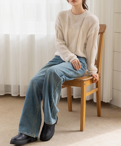 DAY CLOSET(デイ クローゼット)の「程よい透かし編み。長袖やわらかモヘアタッチケーブルニットセーター レディース(ニット/セーター・レディース・ピンク/オフホワイト/グレイッシュベージュ/ブルー・FREE)」の12枚目の写真