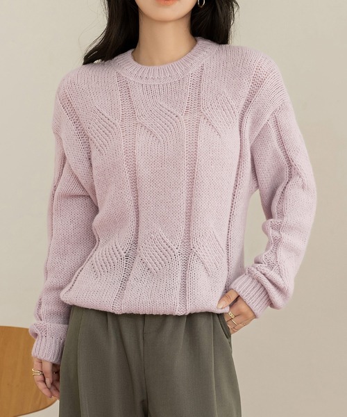 DAY CLOSET(デイ クローゼット)の「程よい透かし編み。長袖やわらかモヘアタッチケーブルニットセーター レディース(ニット/セーター・レディース・ピンク/オフホワイト/グレイッシュベージュ/ブルー・FREE)」の22枚目の写真