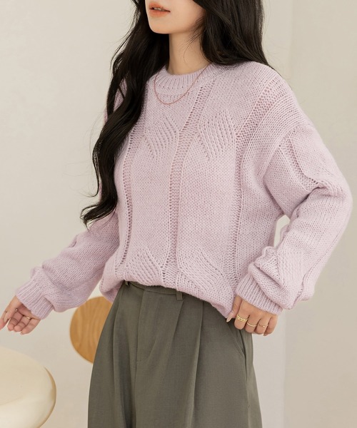 セール】程よい透かし編み。長袖やわらかモヘアタッチケーブルニット