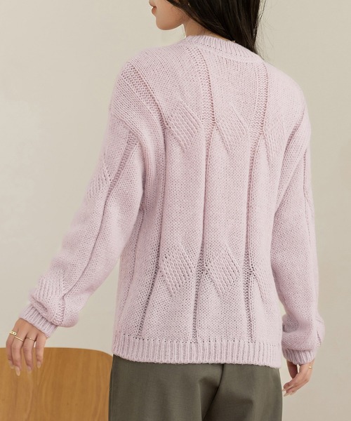 セール】程よい透かし編み。長袖やわらかモヘアタッチケーブルニット