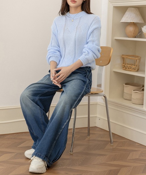 DAY CLOSET(デイ クローゼット)の「程よい透かし編み。長袖やわらかモヘアタッチケーブルニットセーター レディース(ニット/セーター・レディース・ピンク/オフホワイト/グレイッシュベージュ/ブルー・FREE)」の20枚目の写真