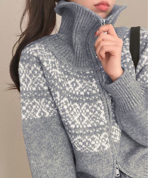 kirakiraShop(キラキラショップ)の「ノルディック柄 ダブルジップニットカーディガン(ニット/セーター・レディース・クリーム/グレー/レッド/ネイビー・FREE)」の2枚目の写真