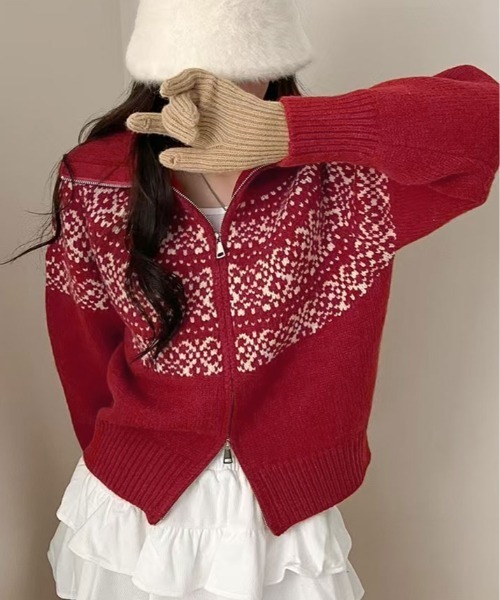 セール】ノルディック柄 ダブルジップニットカーディガン（ニット