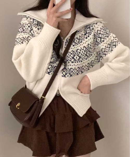 セール】ノルディック柄 ダブルジップニットカーディガン（ニット