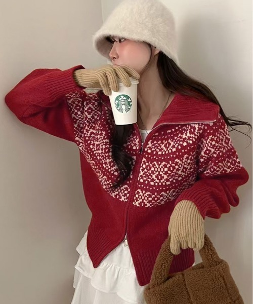 kirakiraShop(キラキラショップ)の「ノルディック柄 ダブルジップニットカーディガン(ニット/セーター・レディース・クリーム/グレー/レッド/ネイビー・FREE)」の14枚目の写真