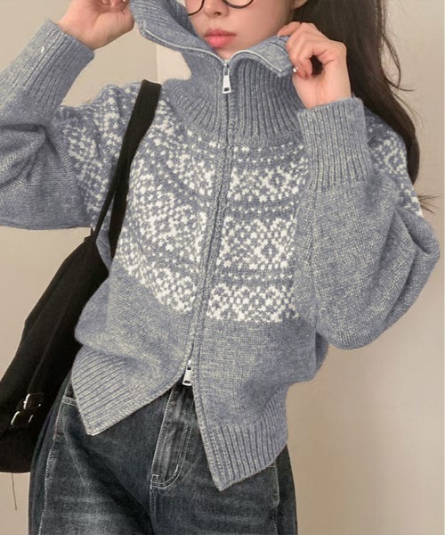 kirakiraShop(キラキラショップ)の「ノルディック柄 ダブルジップニットカーディガン(ニット/セーター・レディース・クリーム/グレー/レッド/ネイビー・FREE)」の6枚目の写真