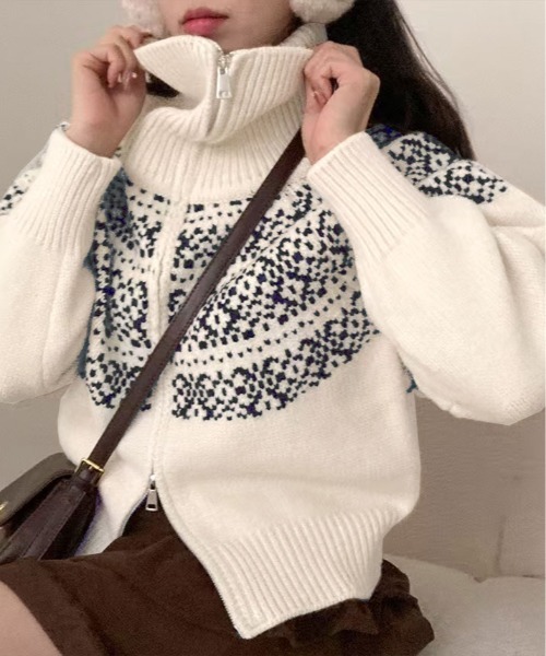 kirakiraShop(キラキラショップ)の「ノルディック柄 ダブルジップニットカーディガン(ニット/セーター・レディース・クリーム/グレー/レッド/ネイビー・FREE)」の11枚目の写真