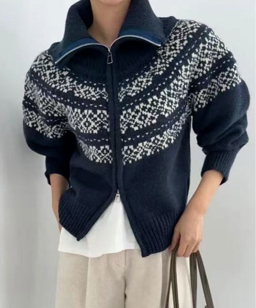 セール】ノルディック柄 ダブルジップニットカーディガン（ニット