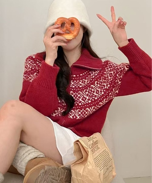 kirakiraShop(キラキラショップ)の「ノルディック柄 ダブルジップニットカーディガン(ニット/セーター・レディース・クリーム/グレー/レッド/ネイビー・FREE)」の13枚目の写真