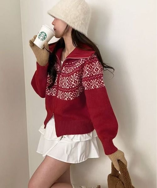 kirakiraShop(キラキラショップ)の「ノルディック柄 ダブルジップニットカーディガン(ニット/セーター・レディース・クリーム/グレー/レッド/ネイビー・FREE)」の15枚目の写真