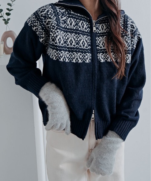 セール】ノルディック柄 ダブルジップニットカーディガン（ニット