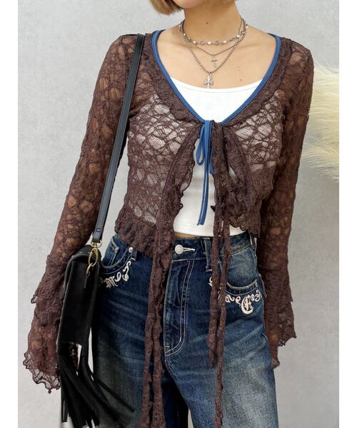 EVRIS（エヴリス）の「レースグランジデザイントップス（Tシャツ/カットソー・レディース・ブラック/アイボリー/ブラウン・FREE）」の3枚目の写真