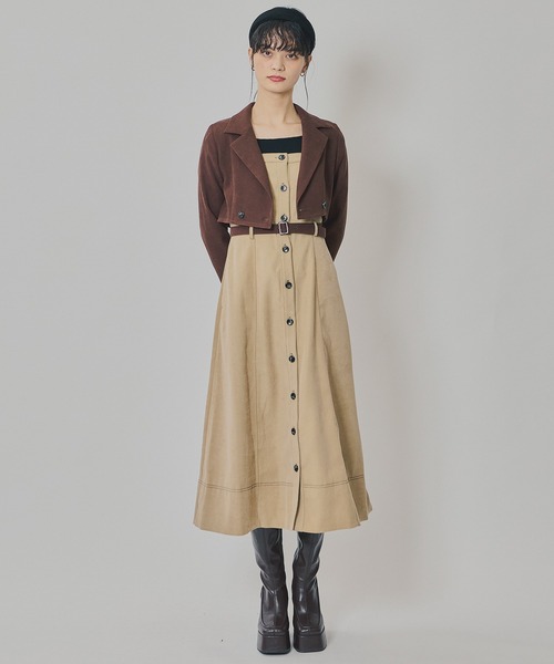 セール】スエードライクショートジャケット×バイカラーワンピース