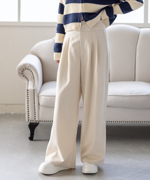 CLEAR BASIC（クリアベーシック）の「【低身長用サイズ有】ウエストリブワイドパンツ[オフィスカジュアル 着回し抜群 大人]≪AW新作≫（その他パンツ・レディース・アイボリー/グレー/ブラウン・F/PF）」の2枚目の写真
