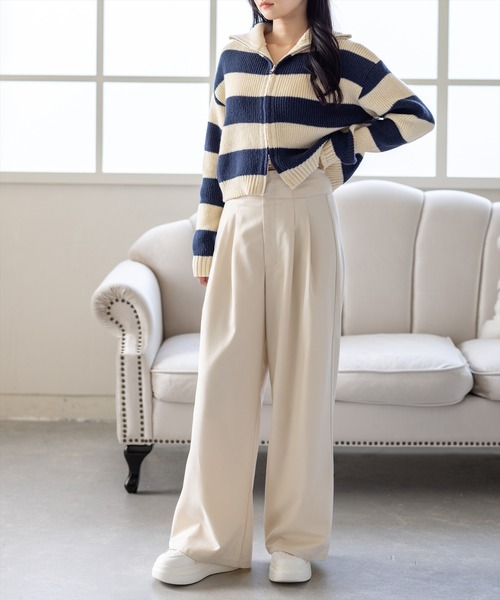 セール】【低身長用サイズ有】ウエストリブワイドパンツ[オフィス