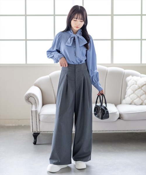 セール】【低身長用サイズ有】ウエストリブワイドパンツ[オフィス