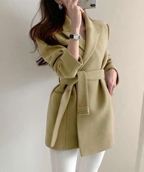 セール】テーラードカラーウエストベルト付きコート（チェスターコート