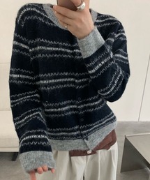 ステッチ風ボーダー 配色リブ ニットカーディガン
