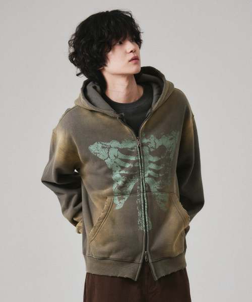 バタフライボンウォッシュドフードジップアップディープカーキ