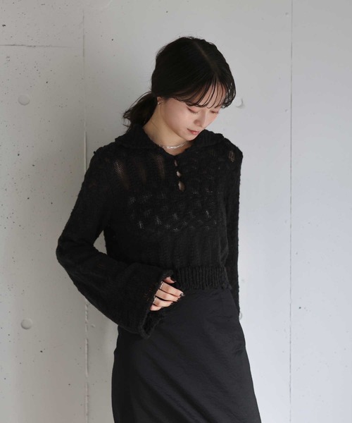 Reurie'（レウリィ）の「オリジナルパフィーポロニット / カジュアル ショート丈 クロップド丈 襟 アイボリー ブラック シンプル（ニット/セーター・レディース・アイボリー/ブラック・FREE）」の10枚目の写真