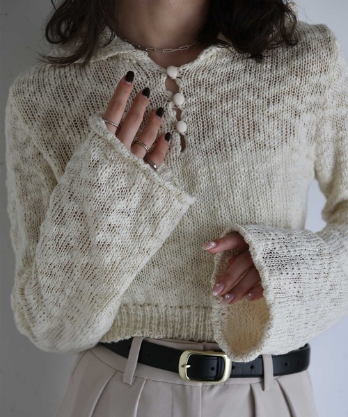 Reurie'（レウリィ）の「オリジナルパフィーポロニット / カジュアル ショート丈 クロップド丈 襟 アイボリー ブラック シンプル（ニット/セーター・レディース・アイボリー/ブラック・FREE）」の9枚目の写真