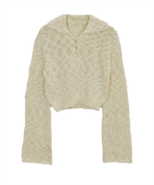 Reurie'（レウリィ）の「オリジナルパフィーポロニット / カジュアル ショート丈 クロップド丈 襟 アイボリー ブラック シンプル（ニット/セーター・レディース・アイボリー/ブラック・FREE）」の4枚目の写真