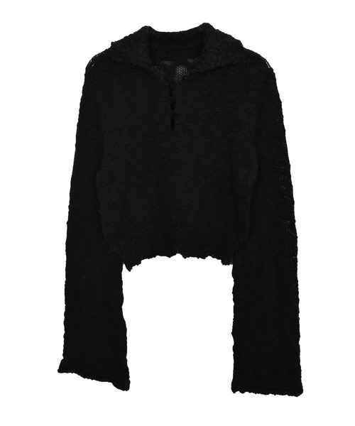 Reurie'（レウリィ）の「オリジナルパフィーポロニット / カジュアル ショート丈 クロップド丈 襟 アイボリー ブラック シンプル（ニット/セーター・レディース・アイボリー/ブラック・FREE）」の6枚目の写真