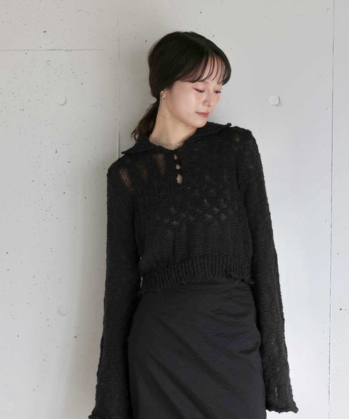 Reurie'（レウリィ）の「オリジナルパフィーポロニット / カジュアル ショート丈 クロップド丈 襟 アイボリー ブラック シンプル（ニット/セーター・レディース・アイボリー/ブラック・FREE）」の21枚目の写真