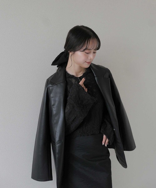 Reurie'（レウリィ）の「オリジナルパフィーポロニット / カジュアル ショート丈 クロップド丈 襟 アイボリー ブラック シンプル（ニット/セーター・レディース・アイボリー/ブラック・FREE）」の19枚目の写真